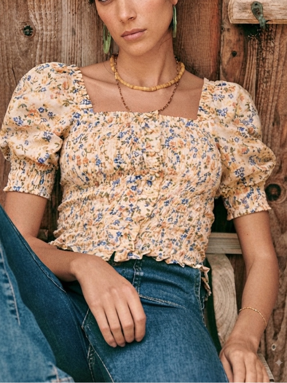 Sezane Sz 10 (42) Mirtha Floral Puff Sleeves Smocked Cottagecore Blouse